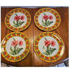 Amaryllis by I. Godinger & Co. Salad Dessert Plates Set of 4 Plaid Border NWT